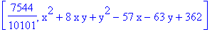 [7544/10101, x^2+8*x*y+y^2-57*x-63*y+362]